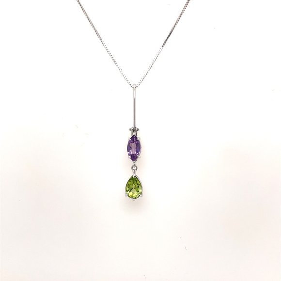 Eleganza 18K White Gold Marquise Amethyst and Pear Shaped Peridot Necklace - Picture 1 of 4